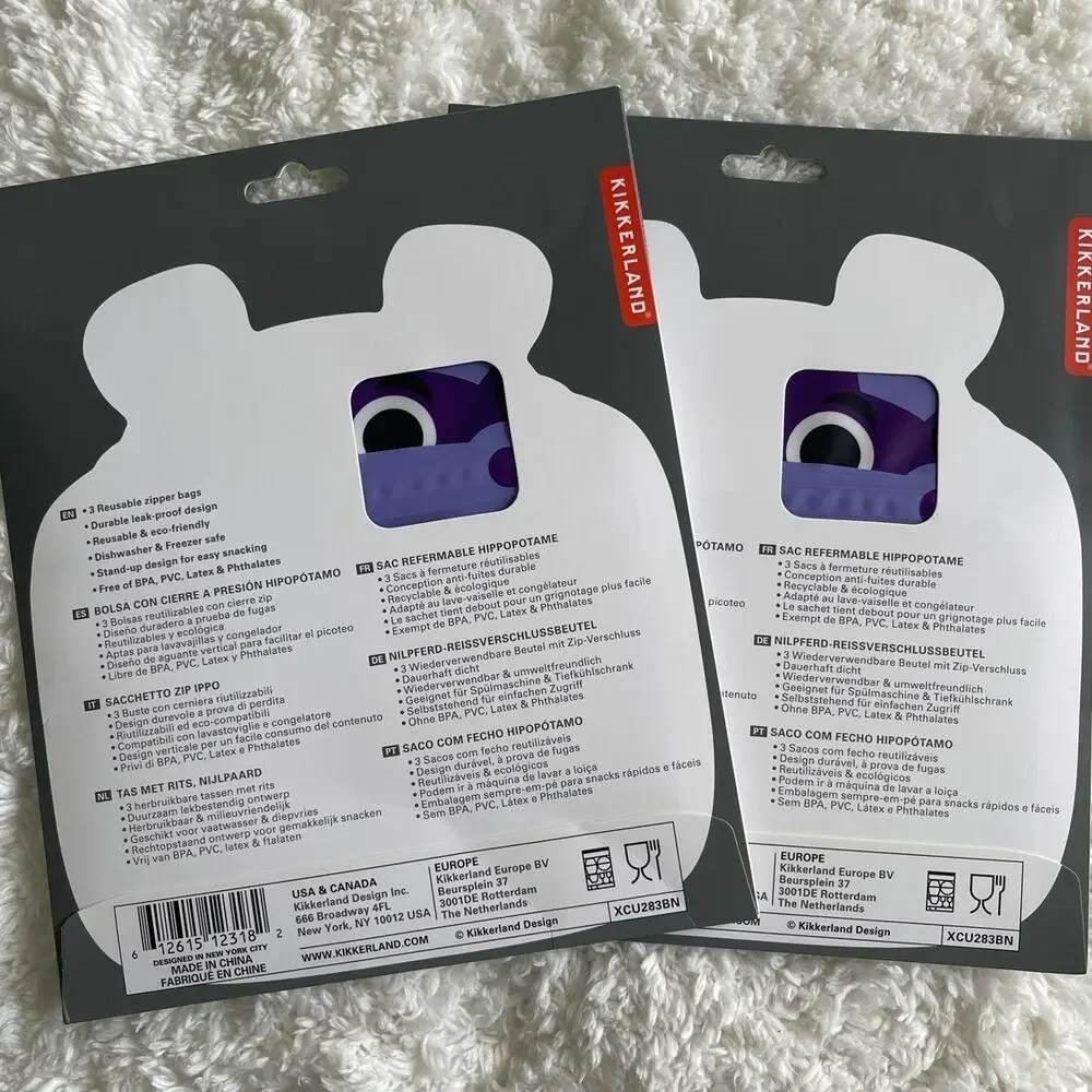 Hippo Zipper Snack Bags Reusable Medium Food Storage NEW Set of 2 Kikkerland